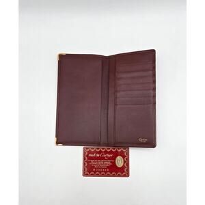 Authentic Cartier Must De Cartier Burgundy Leather Long Wallet Gold Corners